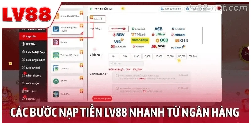 Các bước nạp tiền LV88 qua ngân hàng trực tuyến